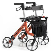Red Rehasense Art Line rollator with four wheels, black seat, storage bag, and SPACE label on orange frame, front angle.