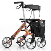 Rehasense Art Line Rollator with 1960s floral frame, black seat and front mesh bag, front view.
