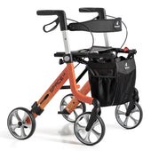 Orange Rehasense Art Line Rollator with seat, storage bag, and Chinese-inspired patterns on frame, side view.