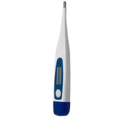 Blue and white digital thermometer with LCD display and metal tip, front view.