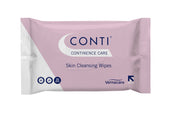 Pink pack of NRS Conti Continence Care Wipes, 25 wipes for continence care, front view.