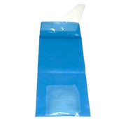 Blue disposable urine bag with white elastic opening, leak-proof design, laid flat on white background, top view.