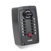 Black wall-mounted key safe with keypad, number and letter labels, a dial, and CLEAR button, front view.