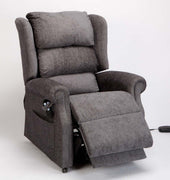 Dark grey dual motor riser recliner chair with padded cushions, shown from the front.