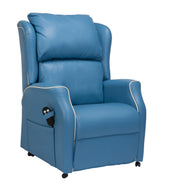 Blue dual motor riser recliner chair with white piping, winged back and side remote pocket, front angle view.