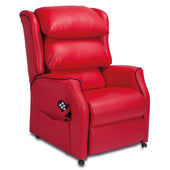 Matrix Tilt-in-Space Recliner with remote in side pocket and wheels for movement, front angle view.