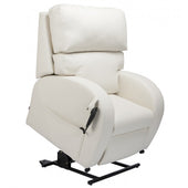 White leather dual motor riser recliner chair with padded armrests, UK-made, front view.