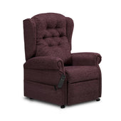Chocolate riser recliner chair with button-tufted back, rolled arms and side remote, front angle.