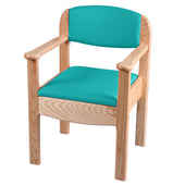 Royale commode with green padded seat and armrests, ash wood frame, front view.
