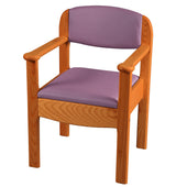 Ash and brown Royale commode with armrests, padded seat, and light purple upholstered backrest, front view.