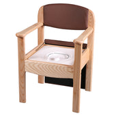 Ash and brown extra wide commode with armrests, cushioned backrest, and removable seat, front view.