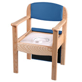 Royale Extra Wide Commodes in beech and pink with padded seat, backrest, open centre and removable plastic container, front angle view.
