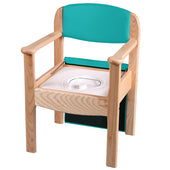 Gordon Ellis Royale extra wide commode in ash and brown with removable plastic pan, soft fabric backrest and seat, front view.