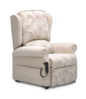 Grey Repose Westbury dual motor riser recliner with scroll arms, split back and side remote, front angle.