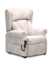 Ivory dual motor riser recliner chair with cushioned armrests and side remote, front angle view.