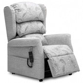 Gold dual motor riser recliner chair with remote control on armrest, front angle view.