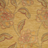Gold Mayfair dual motor riser recliner chair with large red, green and beige embroidered flowers, front angle view.