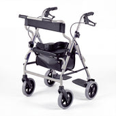 NRS 2 in 1 rollator and transit chair with padded seat, storage bag, hand brakes, and four wheels, front angle view.