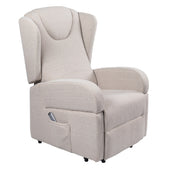 Beige Z-Tec Milan dual motor riser recliner chair with padded seat, side pocket, and right-arm lever, front angle view.