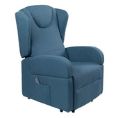 Blue Z-Tec Milan dual motor riser recliner chair with high back, padded arms, plush seat and remote pocket, front angle view.