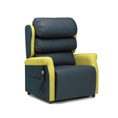 Dark blue riser recliner chair with yellow armrests and a remote attached to the arm, front view.