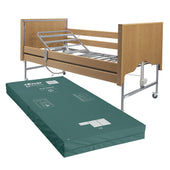 Drive Casa Elite home care bed with beech wooden ends, metal side rails and foam mattress, front angle view.