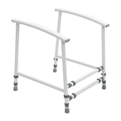 White adjustable childrens toilet frame with armrests, shown from the front.