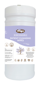White Nilaqua canister with Plastic Free Wipes label and lavender accents, showing vegan-friendly, plastic-free wipes, front view.