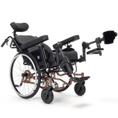 Black tilt-in-space wheelchair with self-propelling wheels, padded armrests and elevated leg rest, side view.