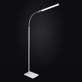 Slim white LED floor lamp with a curved neck and rectangular base, shown in a front view.