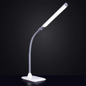 Slim LED table lamp with flexible neck, light grey finish, shown from the side.