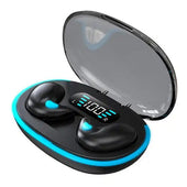 Black Lifemax Sleep Earbuds in an open charging case with digital display and blue LED lights, top view.