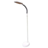 White reading floor lamp with curved neck, oval head and round base, shown from a side view.
