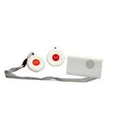 White wireless panic alarm with speaker, lanyard, and two red SOS buttons for home use, front view.