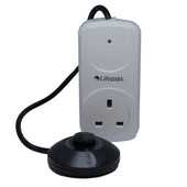 Lifemax mains-powered plug socket adapter with black wired foot switch, front view.