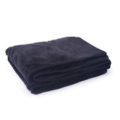 Small dark weighted blanket, neatly folded, for microwave use and scented, on white background, front view.