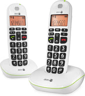 Two black cordless phones with large buttons and orange backlit screens, suitable for hearing loss, front view.