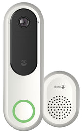 Doro Hemma wireless video doorbell with night vision, white and black camera, and round Doro speaker, front view.