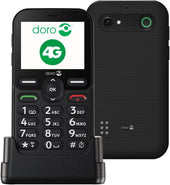 Doro Leva E10 4G black mobile phone with large keypad and emergency button, front and back view in charging dock.