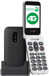 Black and white 4G flip phone with large buttons, emergency button and charging dock, front angle.