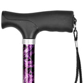 Purple marble folding walking stick with slip-resistant handle, adjustable height and wrist strap, close-up view.