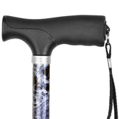 Able 2 WalkOn folding walking stick in grey marble with black anti-slip handle, wrist strap and adjustable height, close-up.
