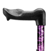 Able 2 WalkOn folding walking stick with contoured grip, purple marble design, close-up against white background.