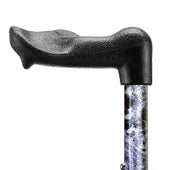 Grey marble folding walking stick with contoured grip, suitable for support and comfort, side view.