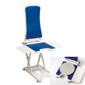 Drive Bellavita bathlift with blue covers and Vitaturn swivel and slide transfer seat, close-up view.