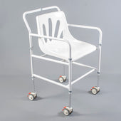 White height adjustable wheeled shower chair with locking castors, armrests and slotted seat, front angle view.