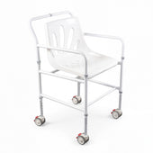 White height adjustable wheeled shower chair with locking castors, armrests and slotted seat, front angle view.