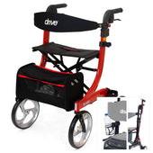 Drive Nitro Rollator in red with lightweight frame, seat, mesh bag, cup holder and large wheels, side view.