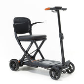 Lightweight folding 4-wheel scooter with rear suspension, backrest seat, and orange accents, side view.