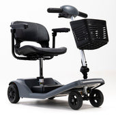 Grey mobility scooter with padded seat, armrests, adjustable settings and front basket on a white background, side view.
